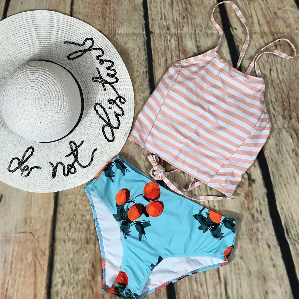peach print/Striped SwimSet NWT